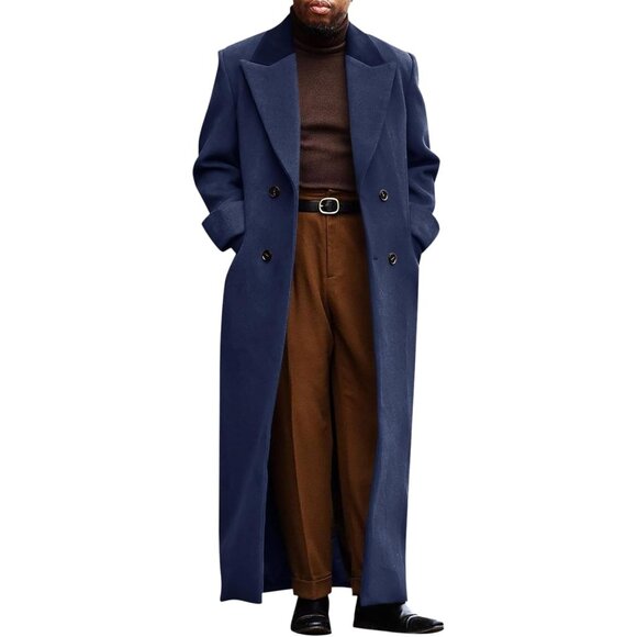 Mens Navy Blue   Full Length Trench Coat Double Breasted Classic Winter Overcoat - Picture 1 of 5